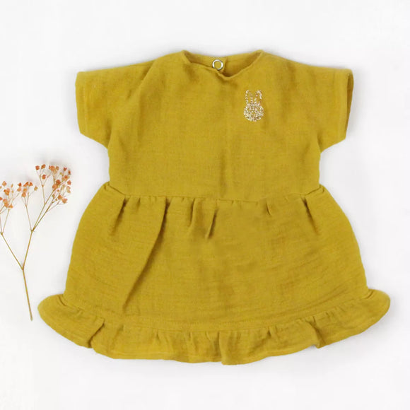 Robe poupée gaze coton moutarde et accessoires - Vanille Coton