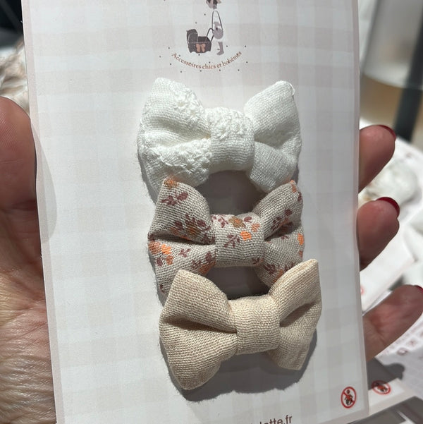 Trio barrette anti-glisse noeud - Vanille Coton