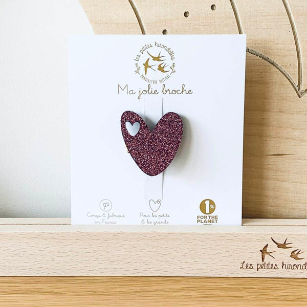 Broche gros cœur paillettes - Vanille Coton