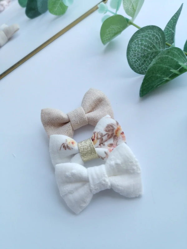 Trio barrette anti-glisse noeud - Vanille Coton